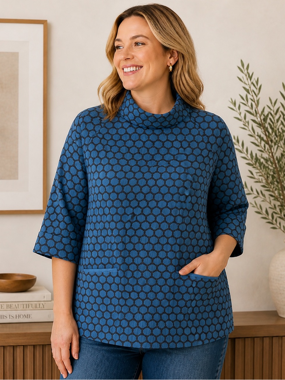 Boden Jersey Jacquard Sweater Blouse Retro Mod Mock Neck Polka Dot 3/4 Sleeve